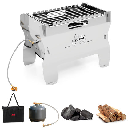 2-in-1 Camping Grill with Stainless Steel Grate and Carrying Bag-Silver