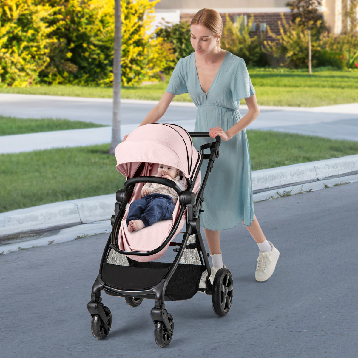 2-in-1 Convertible Baby Stroller with Reversible Seat and Adjustable Canopy-Pink