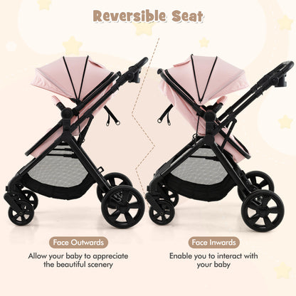 2-in-1 Convertible Baby Stroller with Reversible Seat and Adjustable Canopy-Pink