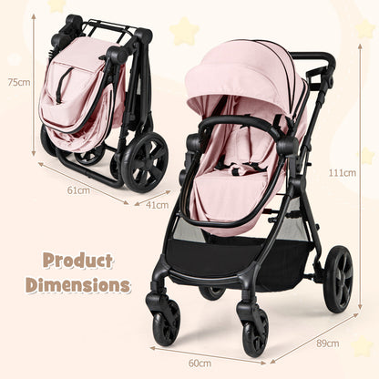 2-in-1 Convertible Baby Stroller with Reversible Seat and Adjustable Canopy-Pink