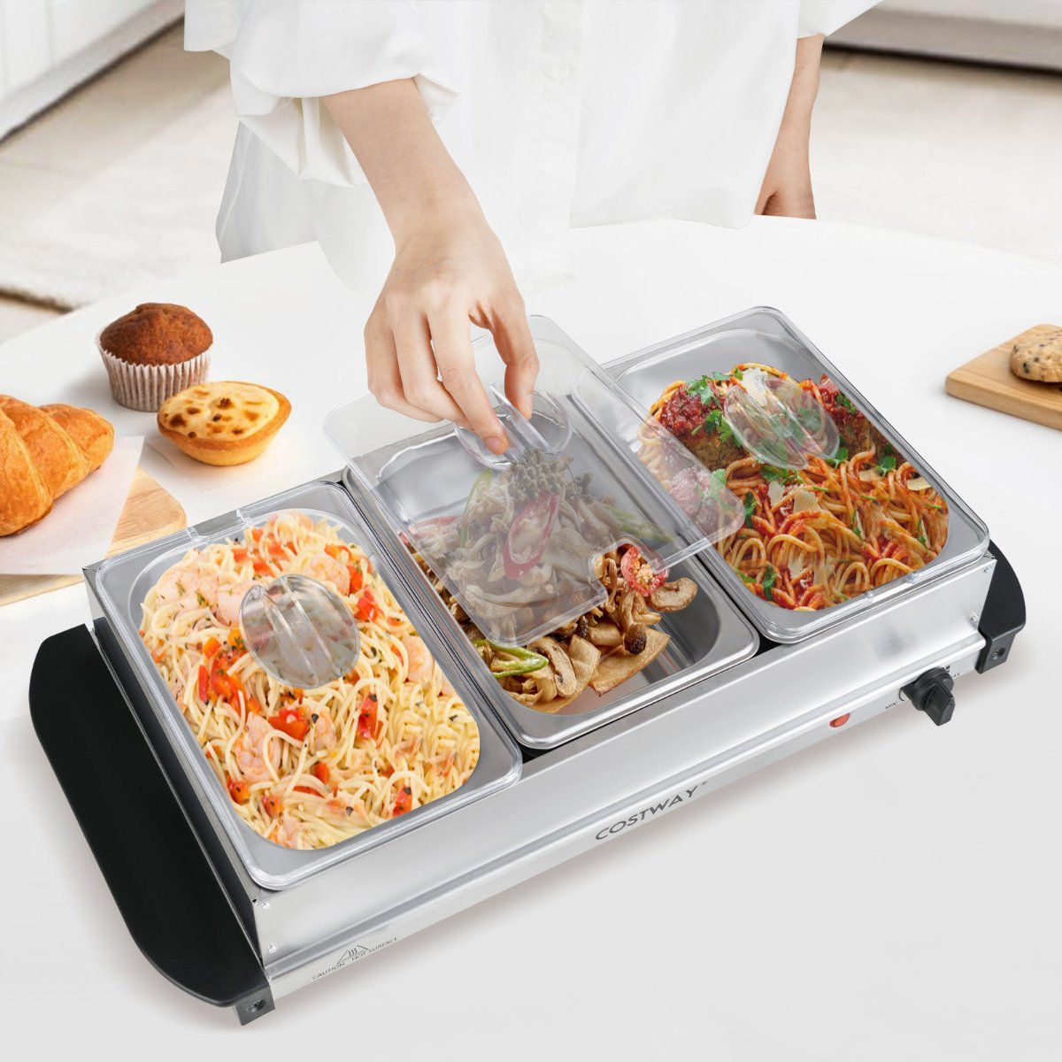 2 in 1 Electric Buffet Server Food Warmer with 3 x 1.4L Removable Trays