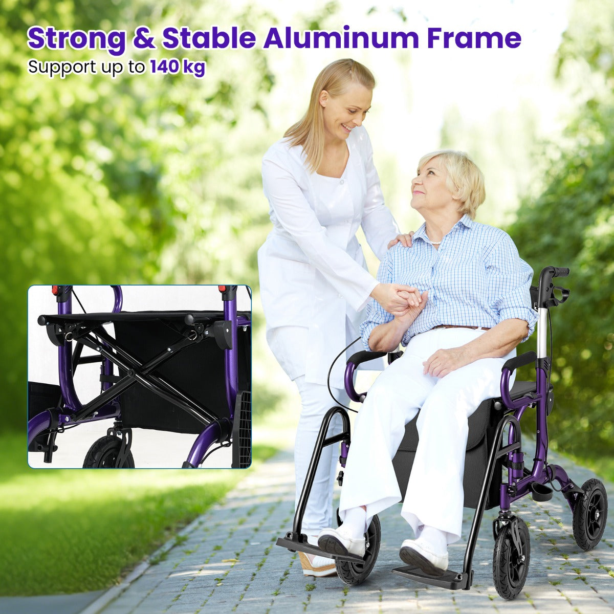 2-in-1 Foldable Rollator Walker with Seat and Pneumatic Tires for All Terrain-Purple