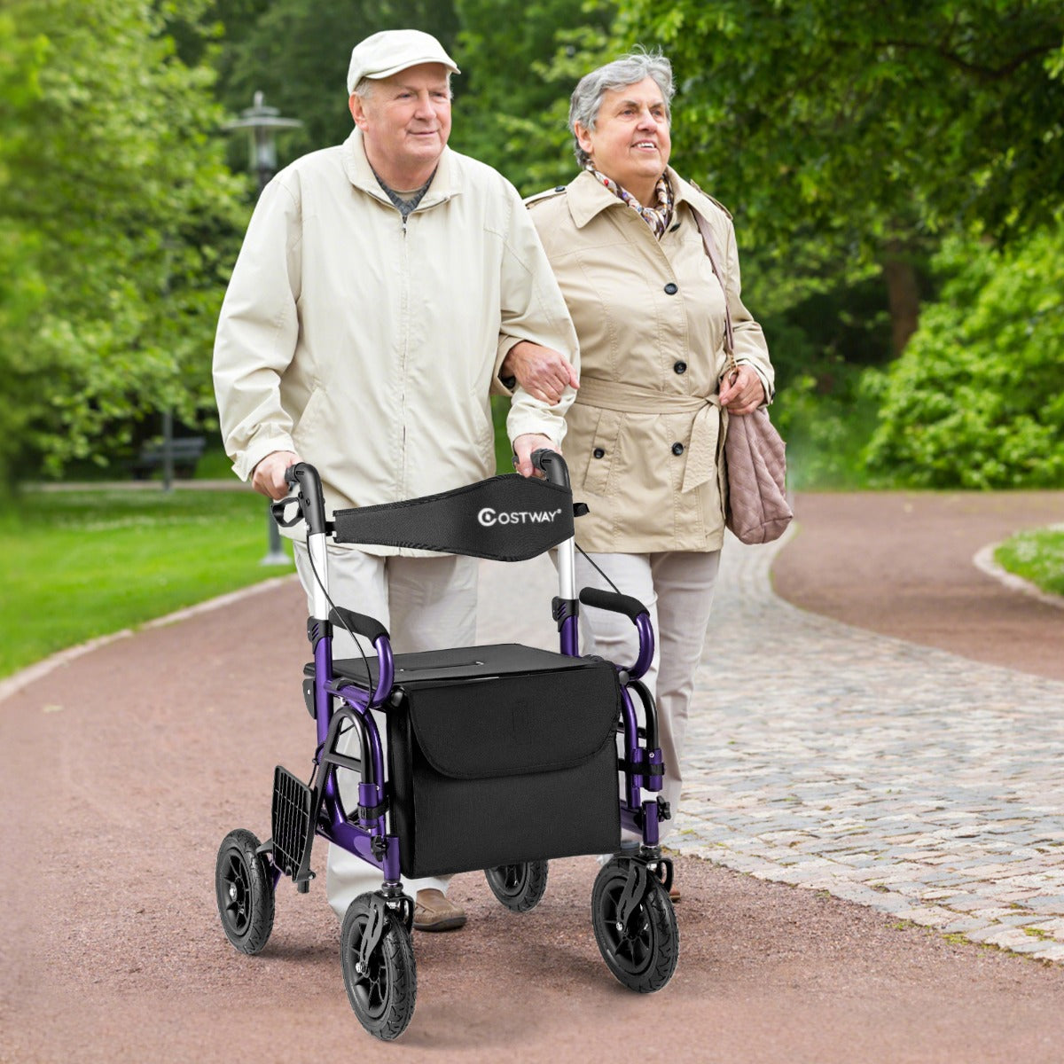 2-in-1 Foldable Rollator Walker with Seat and Pneumatic Tires for All Terrain-Purple