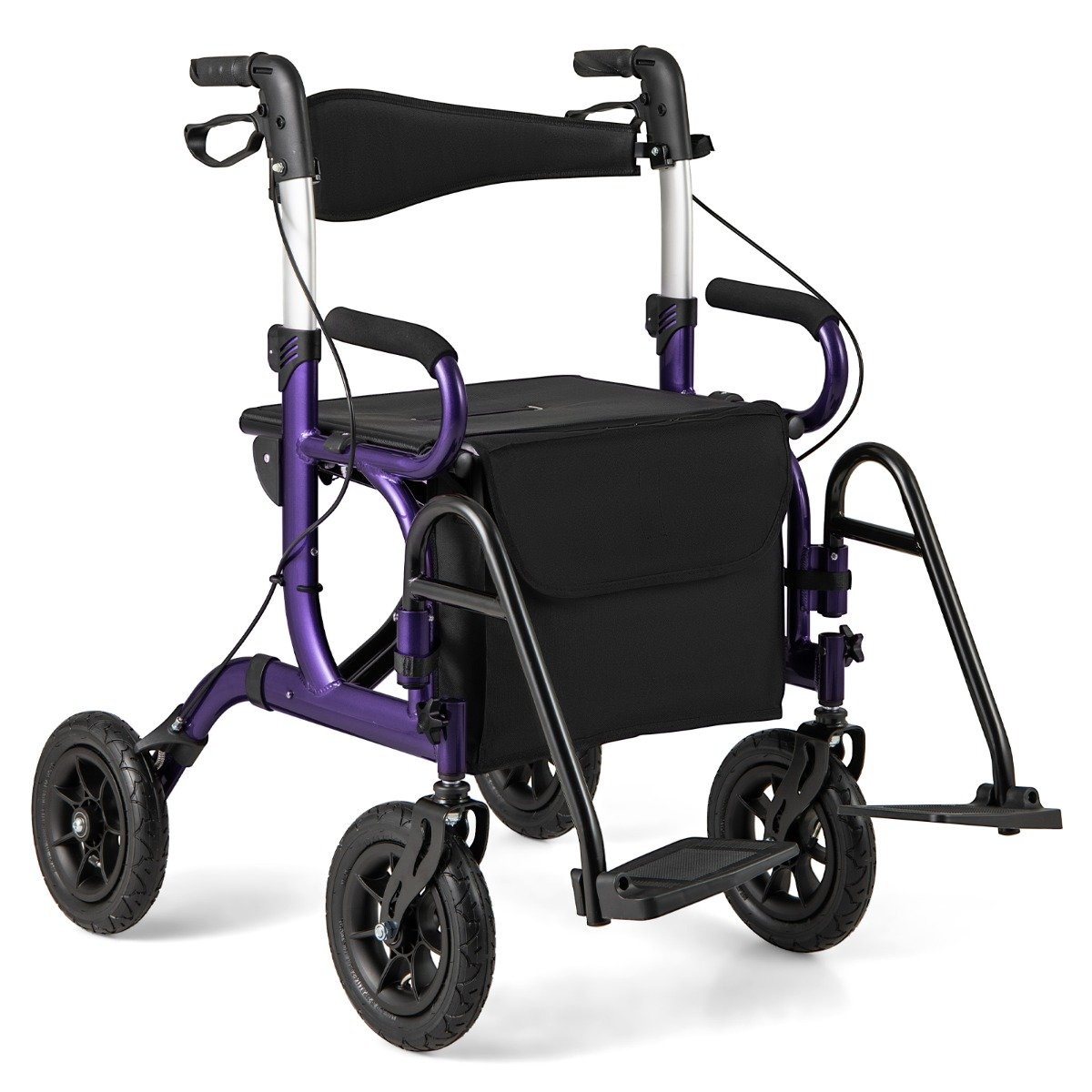 2-in-1 Foldable Rollator Walker with Seat and Pneumatic Tires for All Terrain-Purple