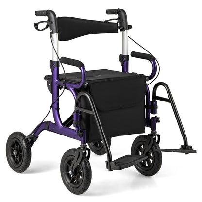 2-in-1 Foldable Rollator Walker with Seat and Pneumatic Tires for All Terrain-Purple