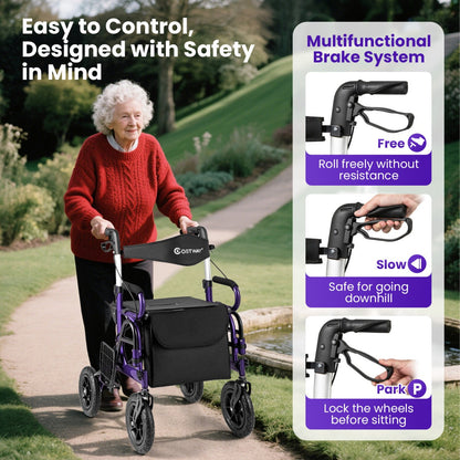 2-in-1 Foldable Rollator Walker with Seat and Pneumatic Tires for All Terrain-Purple