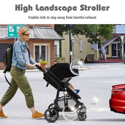 2 in 1 High Landscape Stroller with Reversible Seat and Adjustable Backrest and Canopy-Black