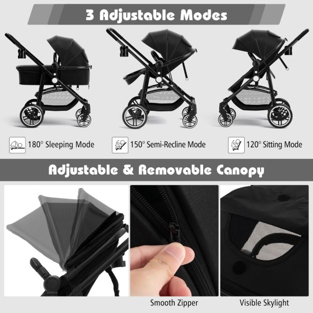 2 in 1 High Landscape Stroller with Reversible Seat and Adjustable Backrest and Canopy-Black