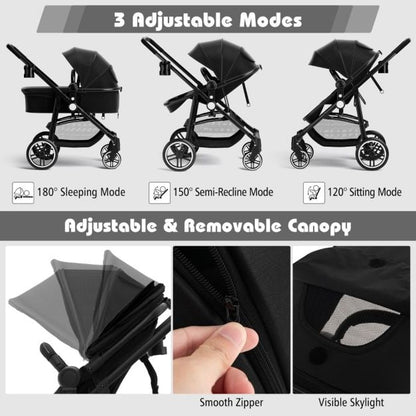 2 in 1 High Landscape Stroller with Reversible Seat and Adjustable Backrest and Canopy-Black