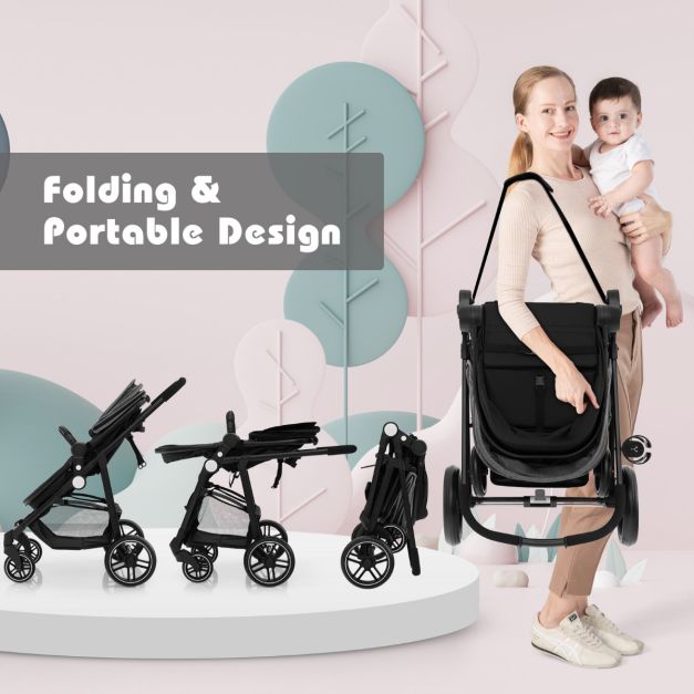 2 in 1 High Landscape Stroller with Reversible Seat and Adjustable Backrest and Canopy-Grey