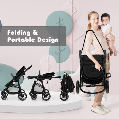 2 in 1 High Landscape Stroller with Reversible Seat and Adjustable Backrest and Canopy-Black