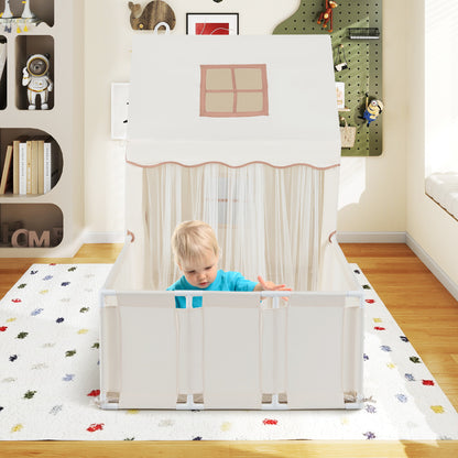 2-in-1 Kids Play Tent with Playpen and Washable Cotton Mat-Off White