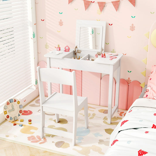 2 in 1 Kids Vanity Table and Chair Set with Flip Top Mirror Hidden Storage-White