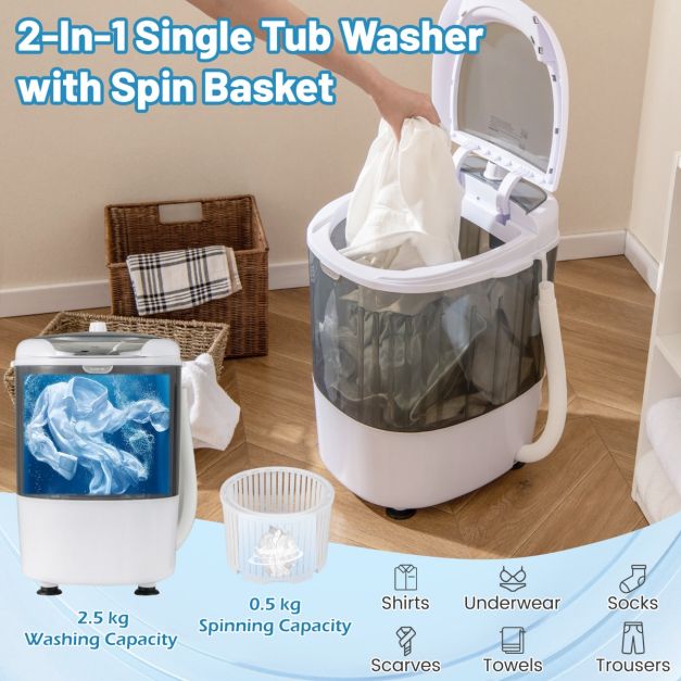 2 in 1 Mini Single Tub Washer Semi-automatic Spin Dryer-Grey