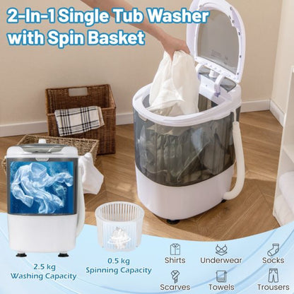 2 in 1 Mini Single Tub Washer Semi-automatic Spin Dryer-Grey