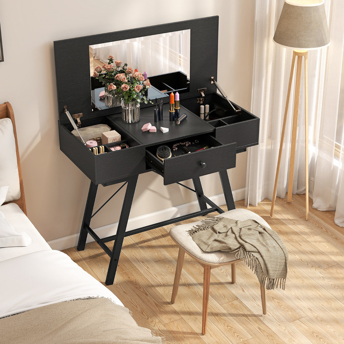 2-in-1 Vanity Desk with Mirror and Charging Station-Black