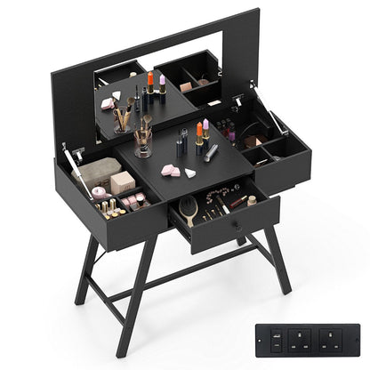 2-in-1 Vanity Desk with Mirror and Charging Station-Black