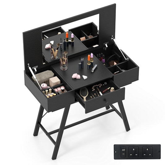 2-in-1 Vanity Desk with Mirror and Charging Station-Black