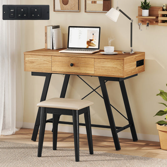 2-in-1 Vanity Desk with Mirror and Charging Station-Natural