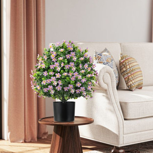 2 Pack Artificial Boxwood Topiary Ball Tree with Flowers and Plastic Nursery Pot-Purple