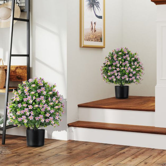 2 Pack Artificial Boxwood Topiary Ball Tree with Flowers and Plastic Nursery Pot-Purple