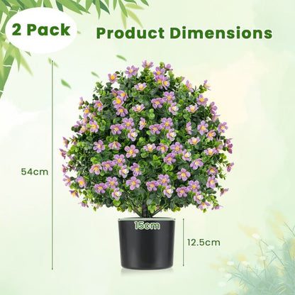 2 Pack Artificial Boxwood Topiary Ball Tree with Flowers and Plastic Nursery Pot-Purple