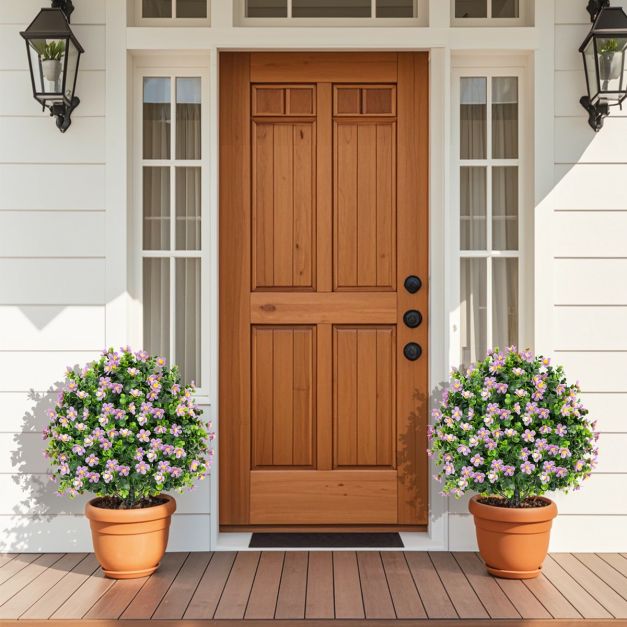 2 Pack Artificial Boxwood Topiary Ball Tree with Flowers and Plastic Nursery Pot-Purple