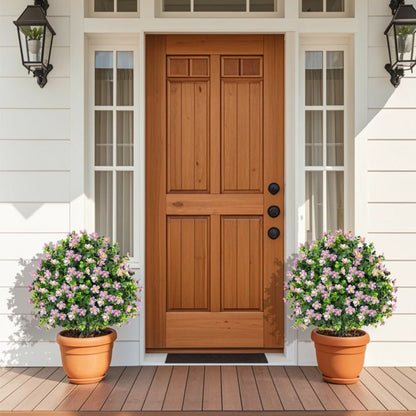 2 Pack Artificial Boxwood Topiary Ball Tree with Flowers and Plastic Nursery Pot-Purple