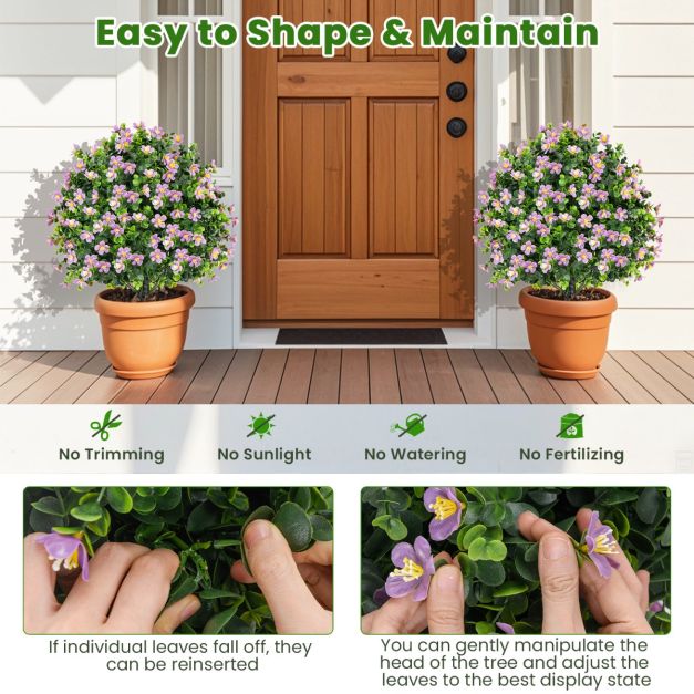2 Pack Artificial Boxwood Topiary Ball Tree with Flowers and Plastic Nursery Pot-Purple