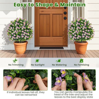 2 Pack Artificial Boxwood Topiary Ball Tree with Flowers and Plastic Nursery Pot-Purple