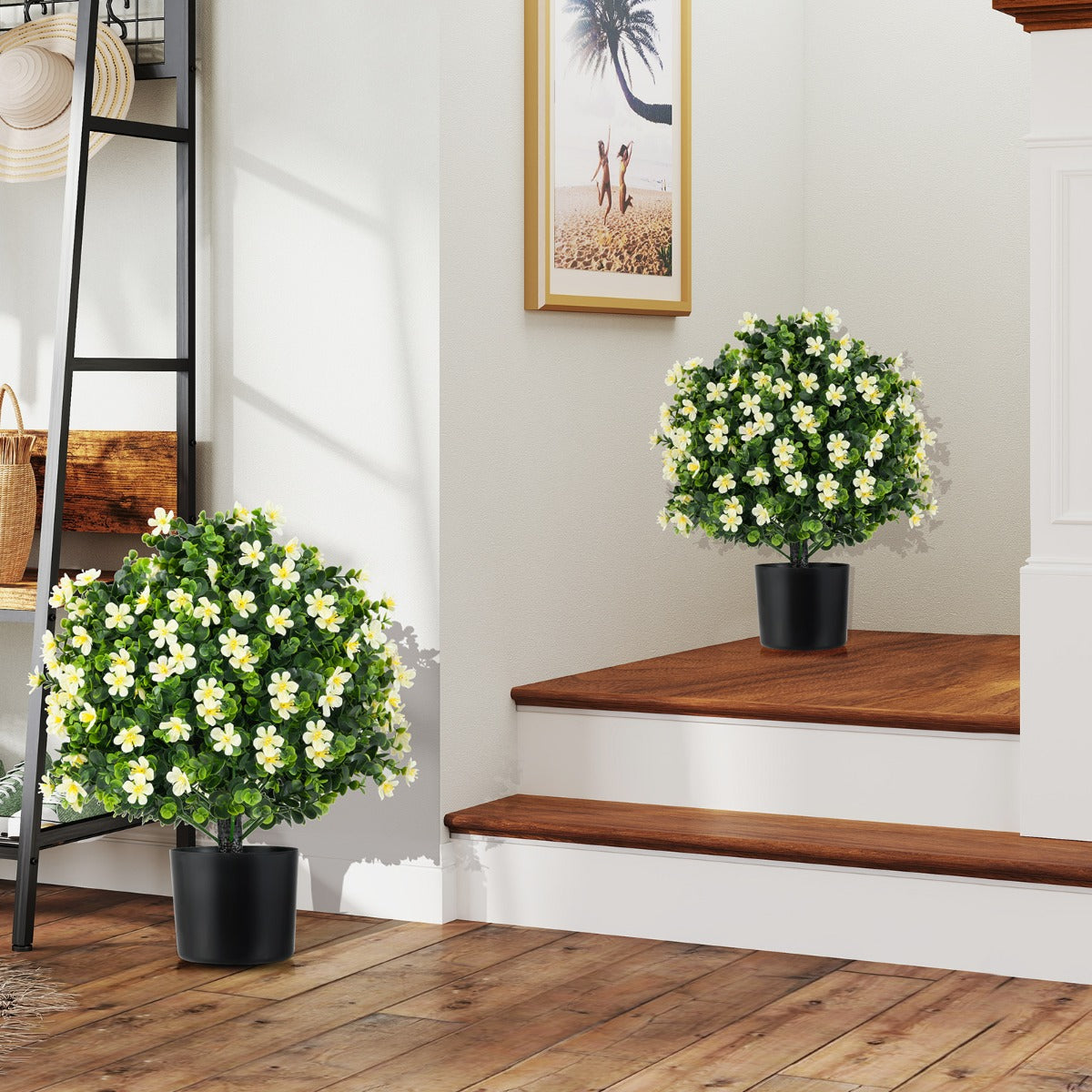 2 Pack Artificial Boxwood Topiary Ball Tree Faux Shrub Bushes-White