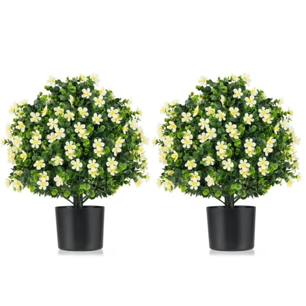 2 Pack Artificial Boxwood Topiary Ball Tree with Flowers and Plastic Nursery Pot-White