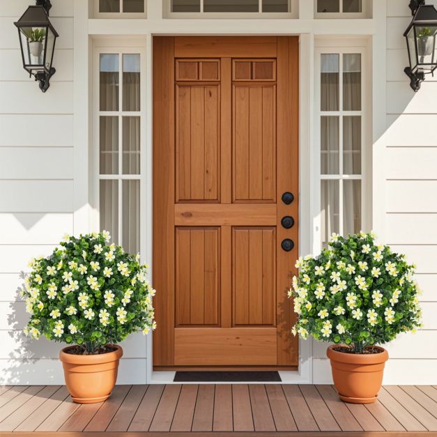 2 Pack Artificial Boxwood Topiary Ball Tree with Flowers and Plastic Nursery Pot-White