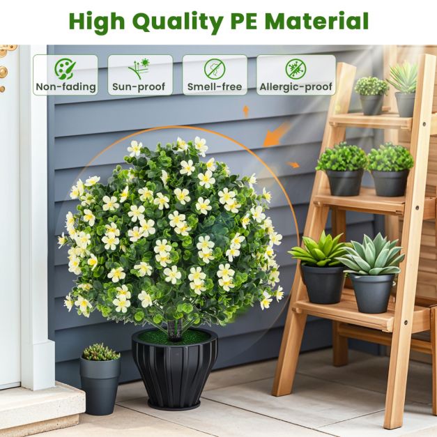 2 Pack Artificial Boxwood Topiary Ball Tree with Flowers and Plastic Nursery Pot-White