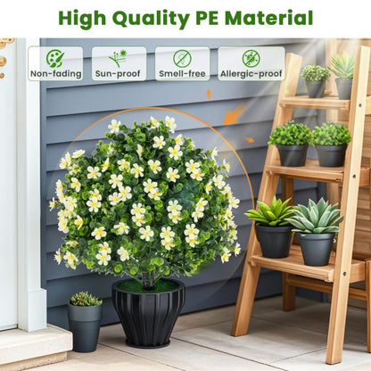 2 Pack Artificial Boxwood Topiary Ball Tree with Flowers and Plastic Nursery Pot-White