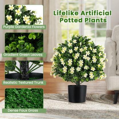 2 Pack Artificial Boxwood Topiary Ball Tree with Flowers and Plastic Nursery Pot-White