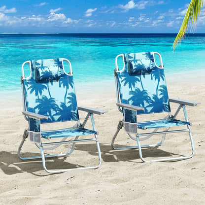 2-Pack Beach Chairs 5-Position Adjustable Folding Chair with Towel Bar-Blue