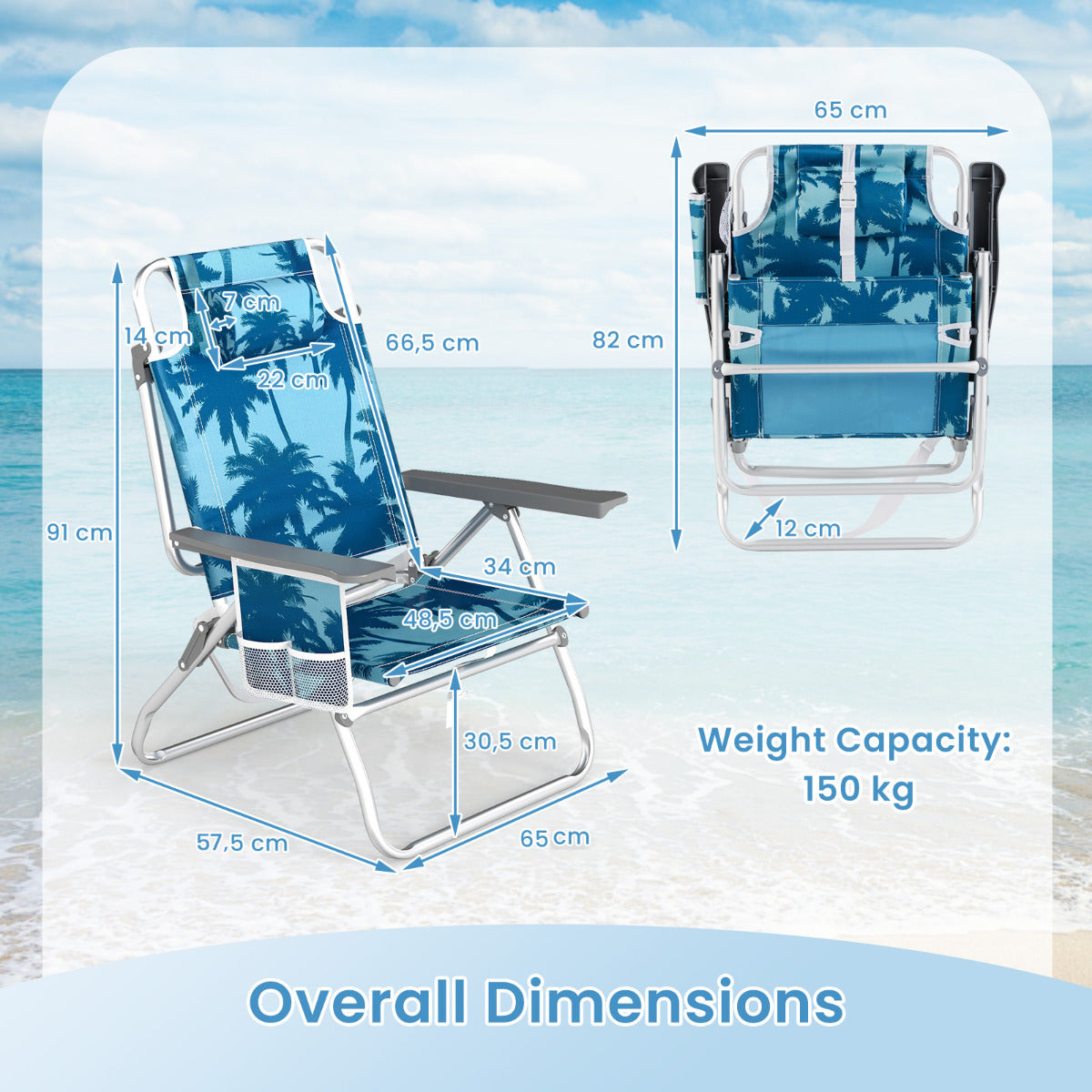 2-Pack Beach Chairs 5-Position Adjustable Folding Chair with Towel Bar-Blue