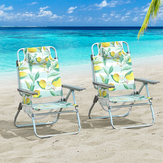 2-Pack Beach Chairs 5-Position Adjustable Folding Chair with Towel Bar-Green