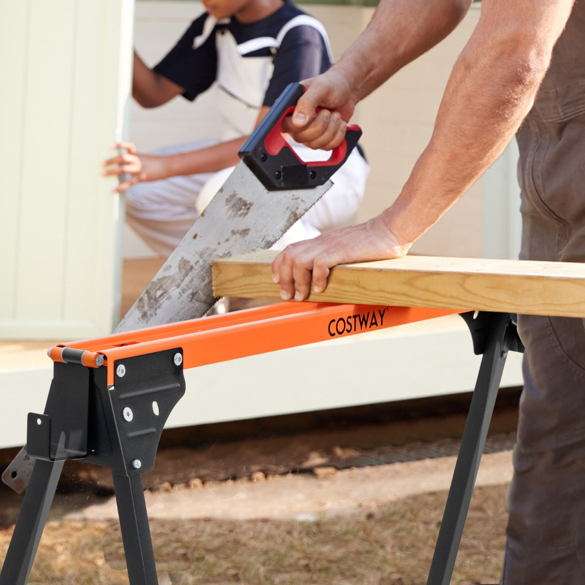 2 Pack Portable Saw Horse Work Table with Quick Open Legs and Support Arms-Orange