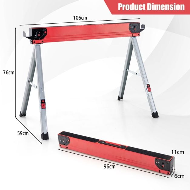 2 Pack Saw Horses with Folding Design  Non-slip Pads and Surface-Red