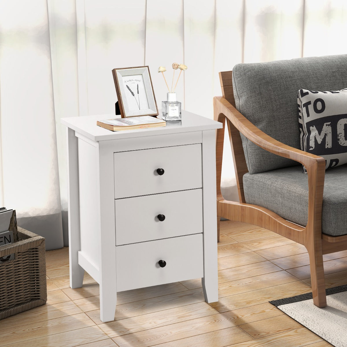 2 Pecies Wooden Nightstand with 3 Drawers and Stable Structure-White