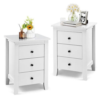 2 Pecies Wooden Nightstand with 3 Drawers and Stable Structure-White