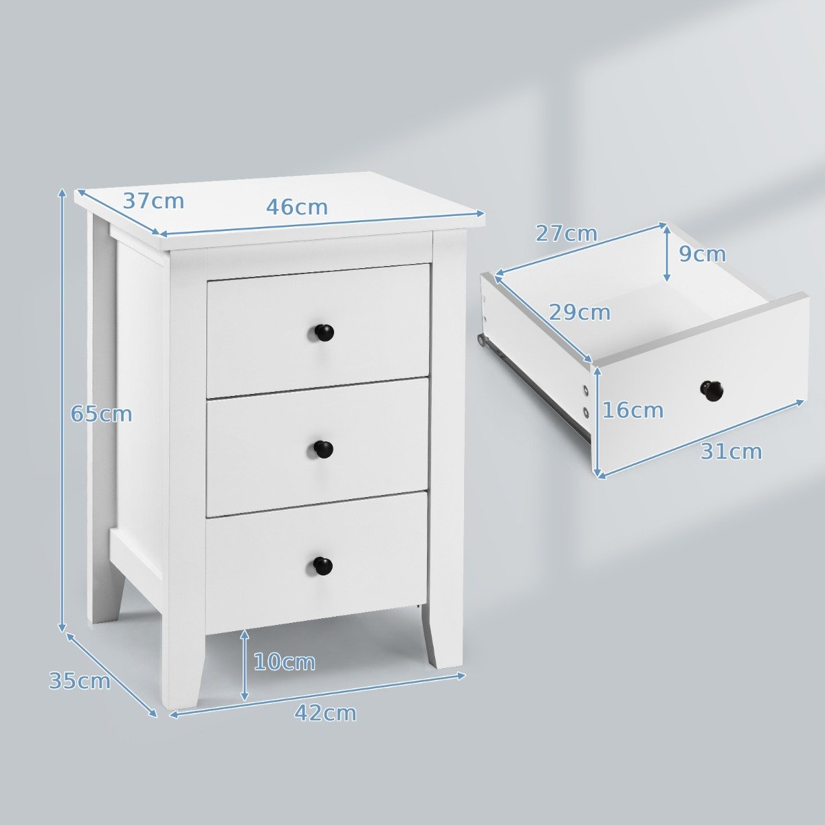 2 Pecies Wooden Nightstand with 3 Drawers and Stable Structure-White