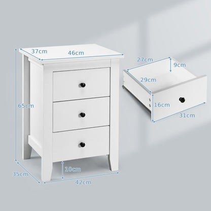 2 Pecies Wooden Nightstand with 3 Drawers and Stable Structure-White