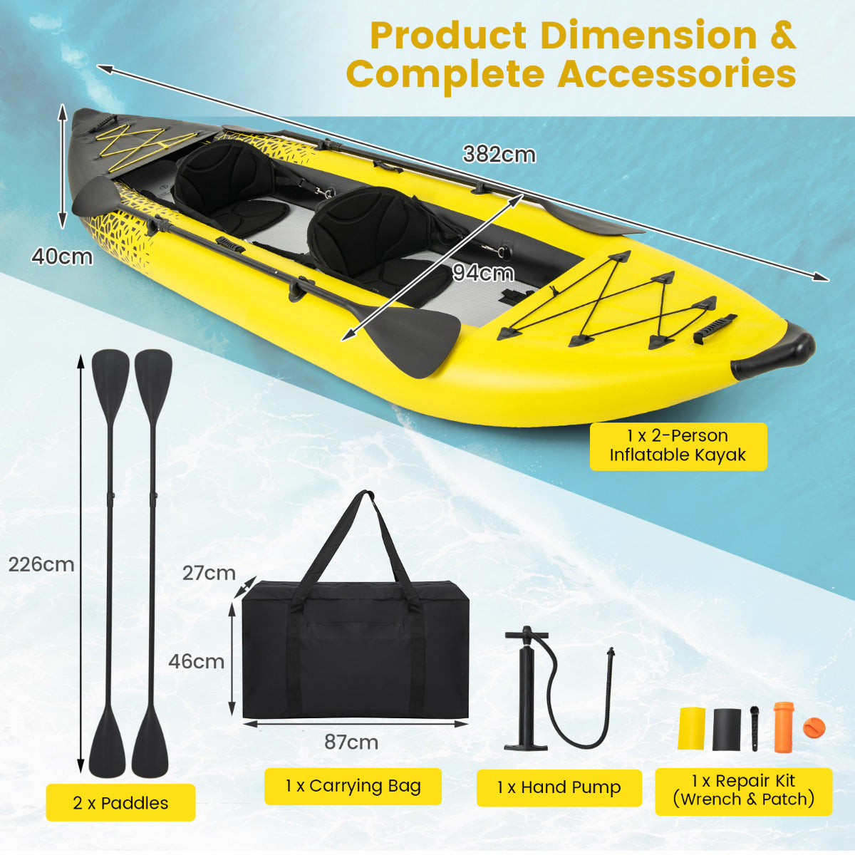 2-Person Inflatable Kayak Set with Aluminum Oars and Padded Seat-Yellow