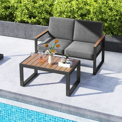2 Piece Patio Aluminum Furniture Set with Wood-Plastic Armrests and Tabletop-Grey