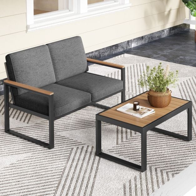 2 Piece Patio Aluminum Furniture Set with Wood-Plastic Armrests and Tabletop-Grey
