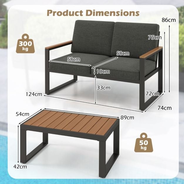 2 Piece Patio Aluminum Furniture Set with Wood-Plastic Armrests and Tabletop-Grey