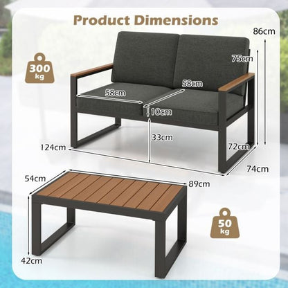 2 Piece Patio Aluminum Furniture Set with Wood-Plastic Armrests and Tabletop-Grey
